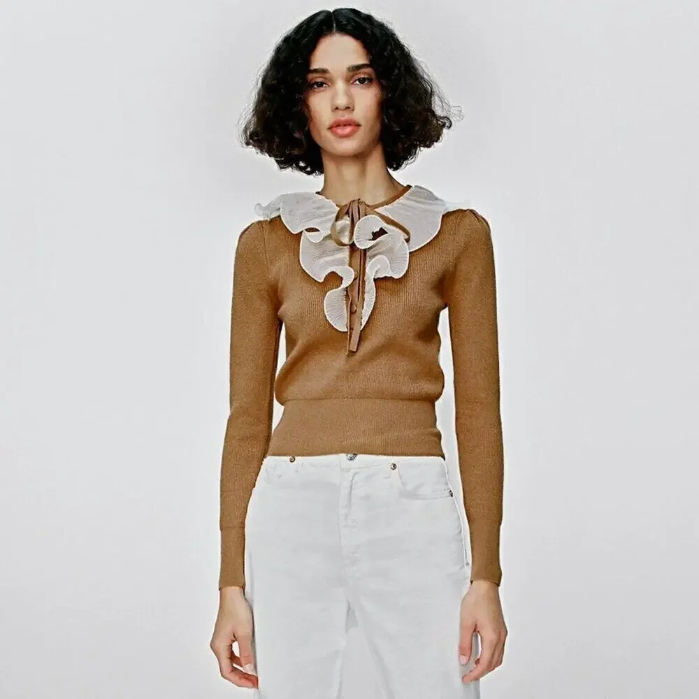 ZARA Knit Top with Ruffle Tie NWT | Brown Long Sleeve Contrast Collar M
